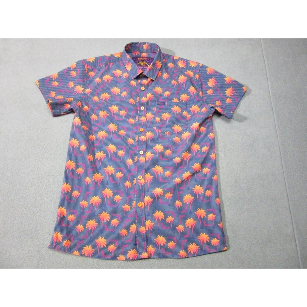 Retro Rifle Shirt Mens Medium Blue Pink Palm Tree Geometric Short Sleeve Stretch